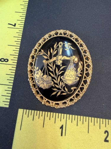 Vintage Toledo Damascene Style Brooch Scales of Justice Gold on Black